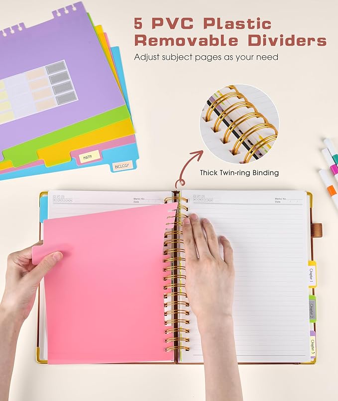 Hardcover Spiral Notebook Journal with Removable Dividers Tabs, 300 Pages Leather 5 Subject Notebook College Ruled, 8"x10" Large B5 Notebooks for Work School, Lined Journal for Men, Light Brown