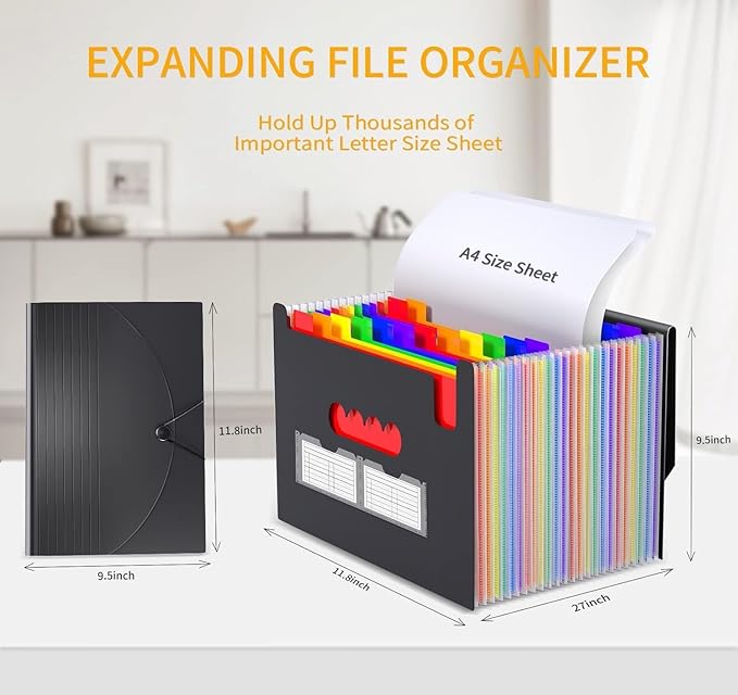 Accordion File Organizer Expanding File Folders,25 Pockets Document Organizer,Plastic Accordian File Folder,Expandable Bill Paper Documents Receipt Filing Box,A4 / Letter Size,2 Colored Tabs