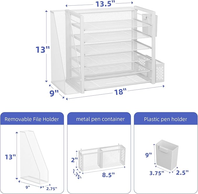 Simple Trending 6 Tier Desk File Organizer, Paper Letter Tray Organizer with File Holder and Pen Container, White