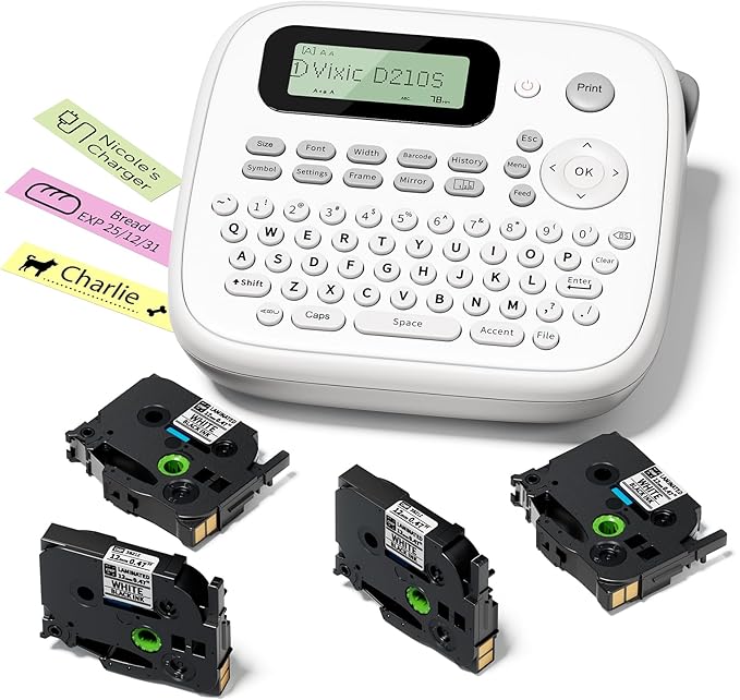 Vixic Label Maker Machine, D210S Label Maker Machine with Tapes Waterproof, Handheld Label Machine with Keyboard Powered by USB-C, Labeler with Chain Print Reduce Wastes for Home Office Organization