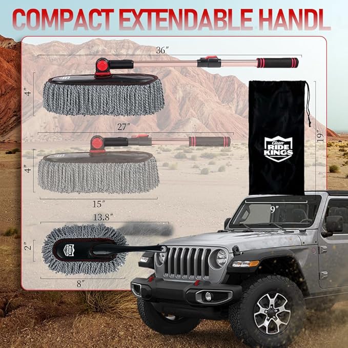 RIDE KINGS Car Duster Exterior Scratch Free with Extendable Handle, Microfiber Car Cleaning Brush for Dust Removal + Small Detailing Brush for Interior Care