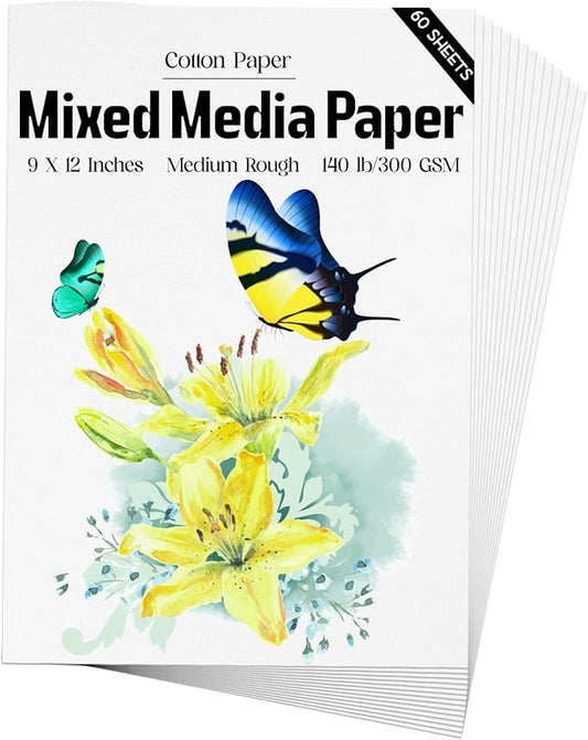 Mixed Media Paper 60 Sheets, 9 X 12 Inches 140 LB/300 GSM Heavyweight Cotton Paper Smooth/Medium Rough Texture Art Paper for Watercolor, Gouache, Marker, Painting, Drawing, Sketching