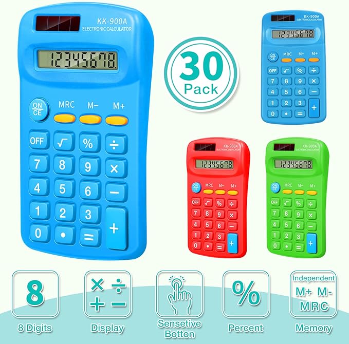 30 Pack Pocket Calculator Small Battery Powered Bulk Mini Size 4 Function Hand Held Basic Calculator for Students Kids School Home Office(Green, Red, Blue)