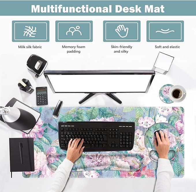 ARTSO Large Mouse Pad and Keyboard Wrist Rest, Desk Pad for Keyboard and Mouse, 4in1 Large Gaming Mouse Pad with Wrist Support, Desk Mat for Home Office Game, Retro Flowers