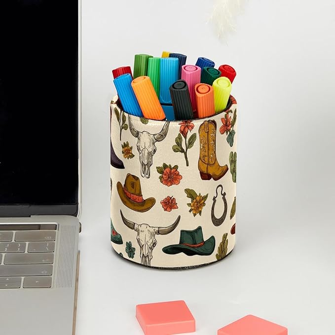 Western Cowboy Boots and Hats Circular Pen Holder, Pen Cup Makeup Brush Holder, Design for School, Home and Stationary Supplies (3.9 x 3.1 Inches)