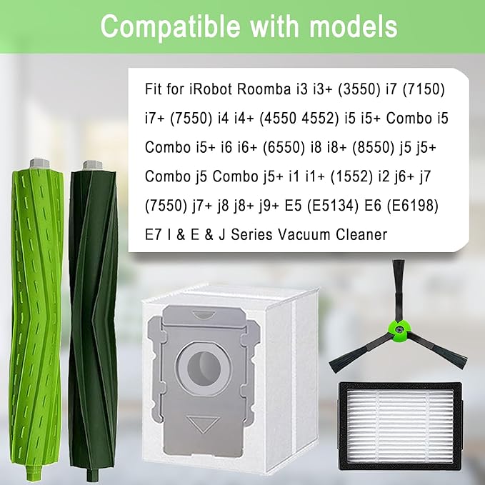 Replacement Parts for iRobot Roomba E5 E6 E7 i2 i3 i3+i4 i4+ i5 i5+ i6 i6+ i7 i7+ i8 i8+/Plus i1 E i j Series Robot Vacuum,2 sets of multi-surface roller brushes 6 Vacuum bags 6 filters 6 side brushes