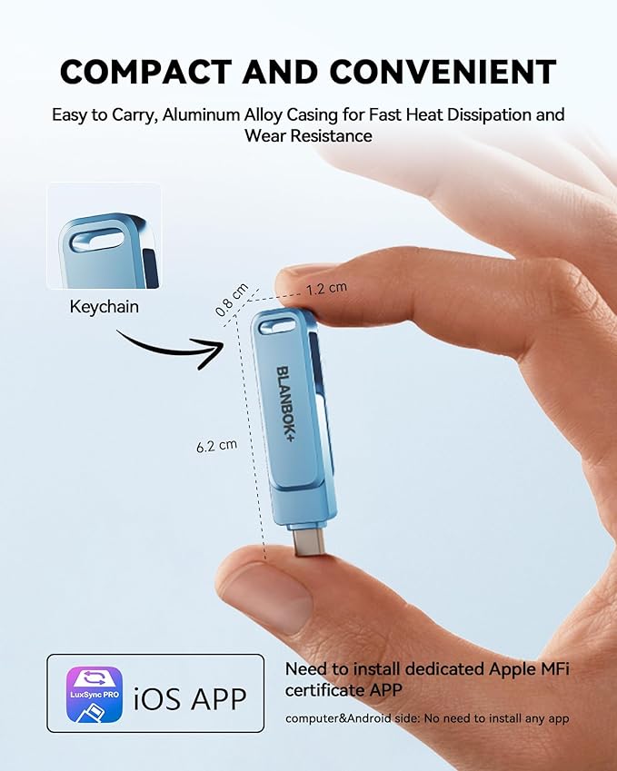 MFi Certified 256GB Flash Drive for iPhone Photo Stick, USB Thumb Drive Memory Stick High Speed USB Drive Photo Storage for iPhone Flash Drive Compatible for iPhone/iPad/Android/PC (Blue)