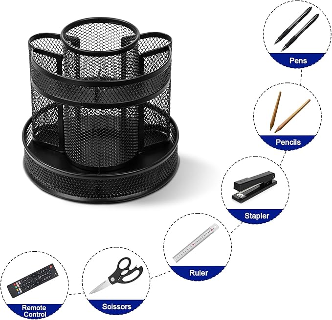 Comix 360° Rotating Pen Holder for Desk, 9 Compartments Office Desk Organizer, Black Mesh Metal Pencil Holder Cup for Office Home School