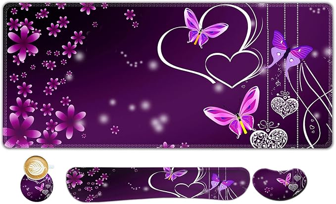 ARTSO Large Gaming Mouse Pad, Keyboard Wrist Rest Pad & Wrist Support Mousepad Set, Stitched Edge, Extended, Non-Slip Base, Memory Foam Desk Mat for Office, Home, Purple Heart Butterfly
