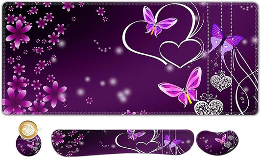 ARTSO Large Gaming Mouse Pad, Keyboard Wrist Rest Pad & Wrist Support Mousepad Set, Stitched Edge, Extended, Non-Slip Base, Memory Foam Desk Mat for Office, Home, Purple Heart Butterfly