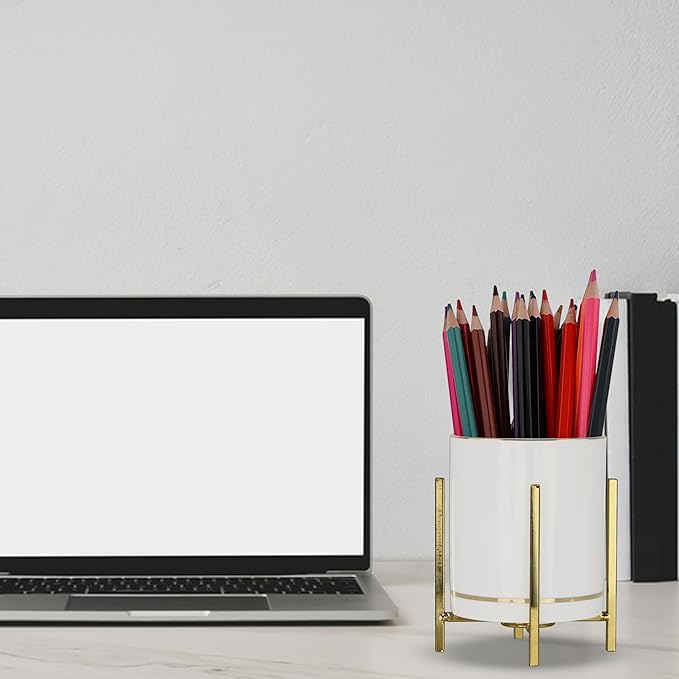 Gold Pen Holder for Desk Aesthetic, Ceramic Pencil Cup with Metal Legs, Makeup Cup for Brushes, Desk Decor for Women Girls