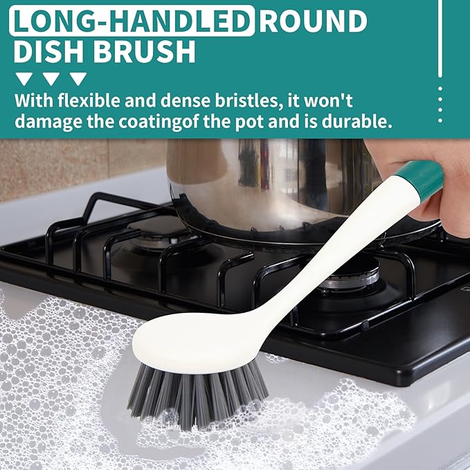 Xicennego 3 Pack Kitchen Cleaning Brush Set,1 Pot and Dish Cleaning Brush with Long Handle,1 Kitchen and Bathroom Brush with Scraper Strip, 1 Hard-Bristled Brush for Sink, Countertops, Tiles（Green
