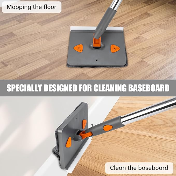 CALBEAU Baseboard Cleaner Tool with Handle, Folding Wall Mop with 86" Extension Pole, Swivel Wall Cleaner Mop with Squeegee, 8 Reusable Pads for Baseboard, Wall, Ceiling, Window, Floor, Furniture