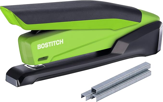 Bostitch Office InPower Spring-Powered Desktop Stapler, 20 Sheet Capacity, One Finger Stapling, Includes 210 Staples, Jam Free, Opens for Tacking, Green
