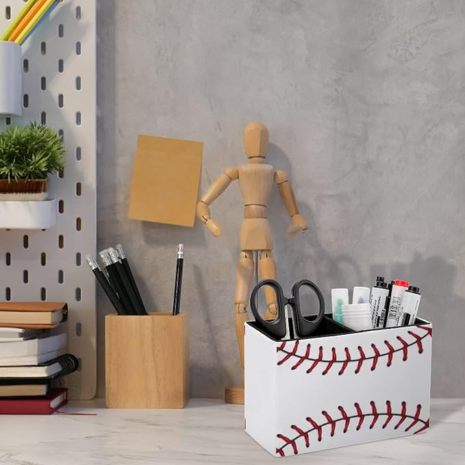 Pen Holder, Pencil Holder for Desk Organizer, Ball Baseball Stitches Sport PU Leather Pencil Cups Desktop Stationery Storage Makeup Brush Holder Pen Organizer for Office Home