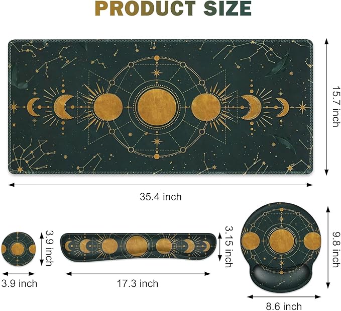 Large Desk Mat, Gaming Mouse Pad, Desk Pad Protector, XXL Mousepad + Keyboard Wrist Rest+Mouse Wrist Rest+Coaster Ergonomic Desk Pad for Home Office Decor, Dark Green Gold Moon Phases Constellation