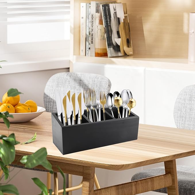 Wood Pen Holder,Office Desk Organizers and Accessories,Pencil Holder for Desk With 3 Compartments,Pencil Dispenser for Classroom,Makeup Storage,Black