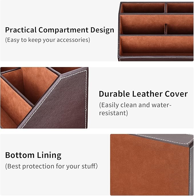 KINGFOM Pu Leather Desk Organizer with 5 Compartments Holder, Multi-Functional Office Supplies Storage Caddy for Pen/Pencil, Phones, Remote Controller and Desktop Accessorie Brown