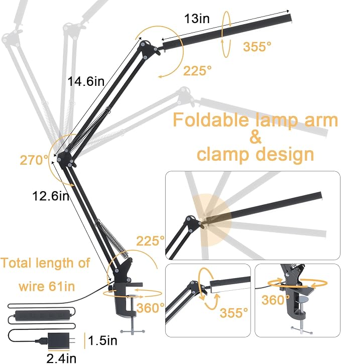 LED Desk Lamp for Home Office, Clamp-On with 5 Light Modes & Auto Shut Off | 14W Adjustable Brightness 5000K Eye-Caring Lighting for Study/Bedroom/Computer Desk