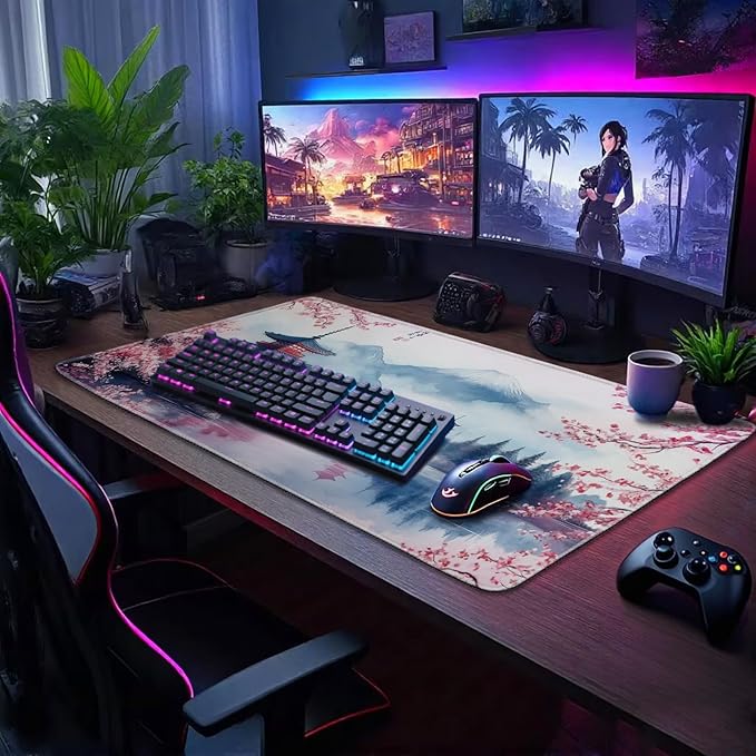Japanese Cherry Blossom Large Gaming Mouse Pad 31.5"x15.7"｜ Mount Fuji Art XXL Desk Mat, Non-Slip Rubber Base & Stitched Edges - Extended Waterproo Mousepad for PC/Laptop/Office/Home Decor