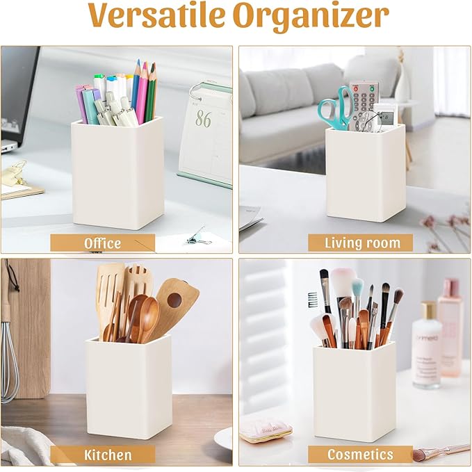 Pen Holder for Desk,Nordic Elegance Square Silicone Pencil Holder Soft Minimalist Desk Pen Cup Stand Waterproof Multifunctional Office Supplies for Home,Kids and School(Beige)