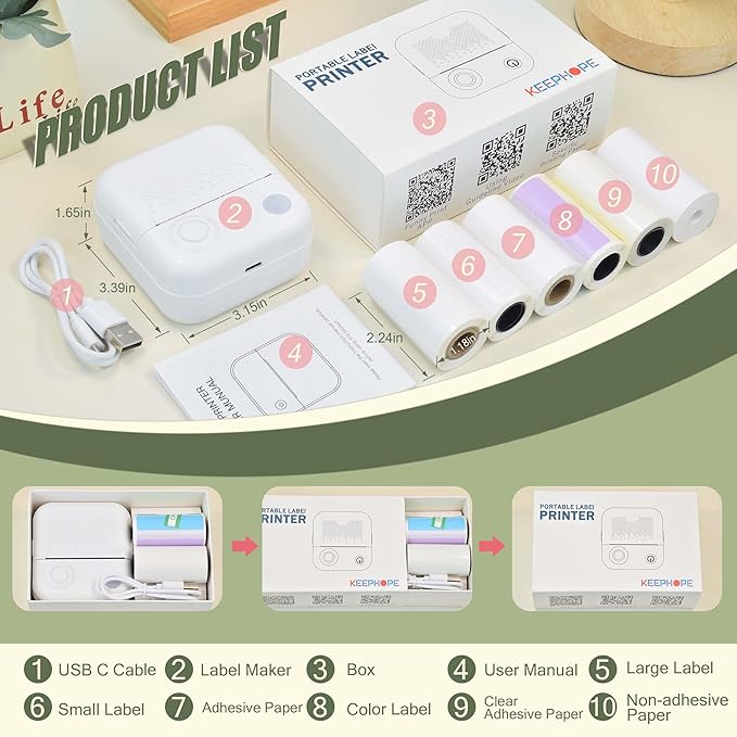 Label Maker Machine with 6 Waterproof Tapes, Thermal Label Maker, Portable Mini Bluetooth Label Printer with Clear Tape for Home, Kitchen, School, Office Organization