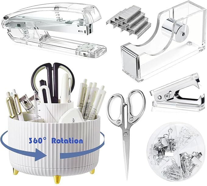 Desk Organizers and Accessories 7Pcs Set with 360-Degree Rotating Pen Holder, Acrylic Stapler, Tape Holder, Staple Remover, Binder/Paper Clips Kit, Scissor and 1 Box of Staples (Silver)