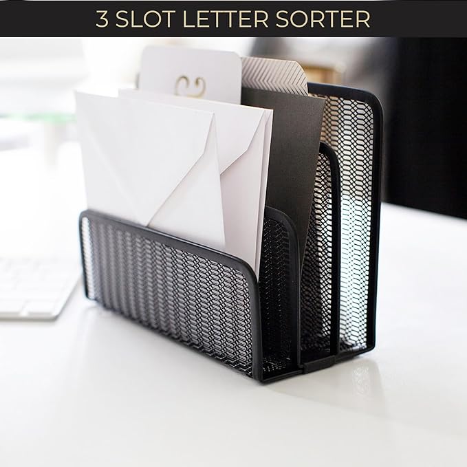 BLU MONACO Black Metal Mesh Letter Sorter – 3-Slot Mail Organizer for Desk, Office & Home – Space-Saving Vertical Mail Holder for Envelopes, Documents & Files – Sleek Desk Organizer