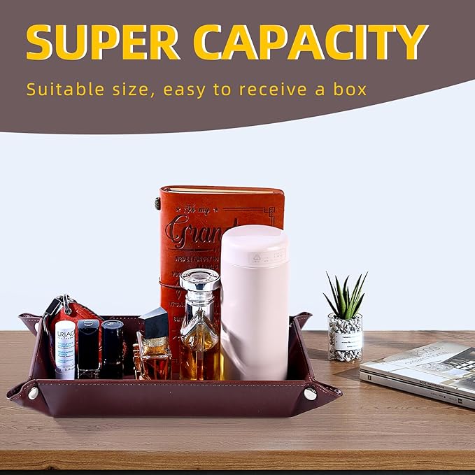 Leather Valet Tray for Men and Women - Jewelry Tray Nightstand Organizer - Bedside Vanity Tray - Dresser Catchall Tray - Desk Organizer and Storage for Keys, Phone, Wallet (Rectangular)