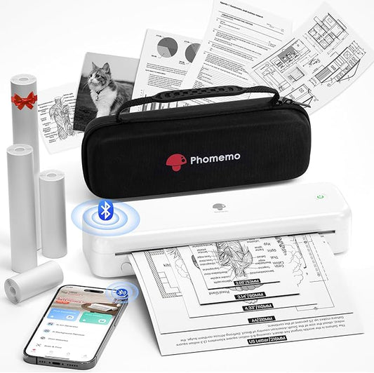 Phomemo Portable Printers Wireless for Travel [Upgraded],M834 Bluetooth Thermal Printer 8.5" x 11"& A4 Size,Inkless Mobile Printer with Carry Case for Travel,Office,School,Car,Home,White