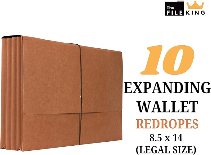The File King Expanding File Wallet - Legal Size, 10 Redropes | USA Made | 3.5” Expandable File Folders | Redwell Folders Legal Size Wallets | Red Rope Expanding File Folder with Flap & Elastic Cord
