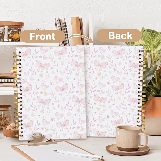 MOFUYU Cute Notebooks for School,Pink Bow Aesthetic Hardcover Spiral Notebook for Work & Note Taking,College Notebook,Cute Journals for Women A5 Size 5.5x8.3