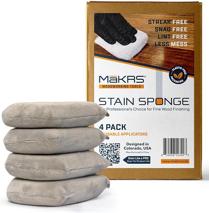 MāKRS Stain Sponge, 4-Pack Staining Pads, Lint, Snag and Streak-Free Applicator Sponges, Micro-Brush Material Over Foam Core, for Wood Stains and All Finishes, Easy to Use with Consistent Application