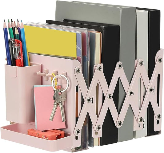 PATIKIL Adjustable Book Ends, 6.5" Tall Heavy Duty Metal Adjustable Bookends Book Holders Organizer with Removable Pen Holder Tray and 3 Hook-up for Heavy Books Desk Office Home, Pink