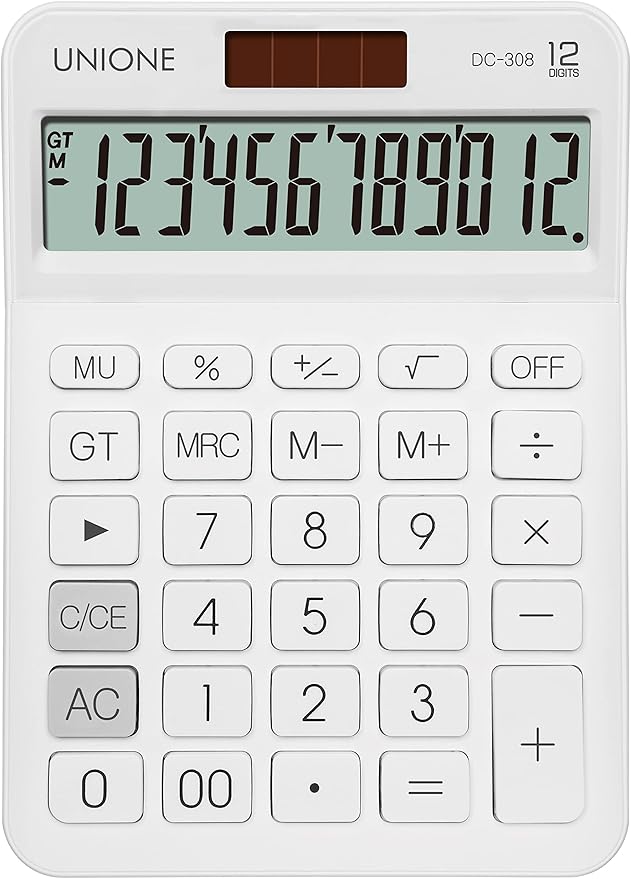 UNIONE Big Size Calculator with a Bright LCD, Dual Power Handheld Desktop. Color. Business, Office, High School 5×7in (WHITE)
