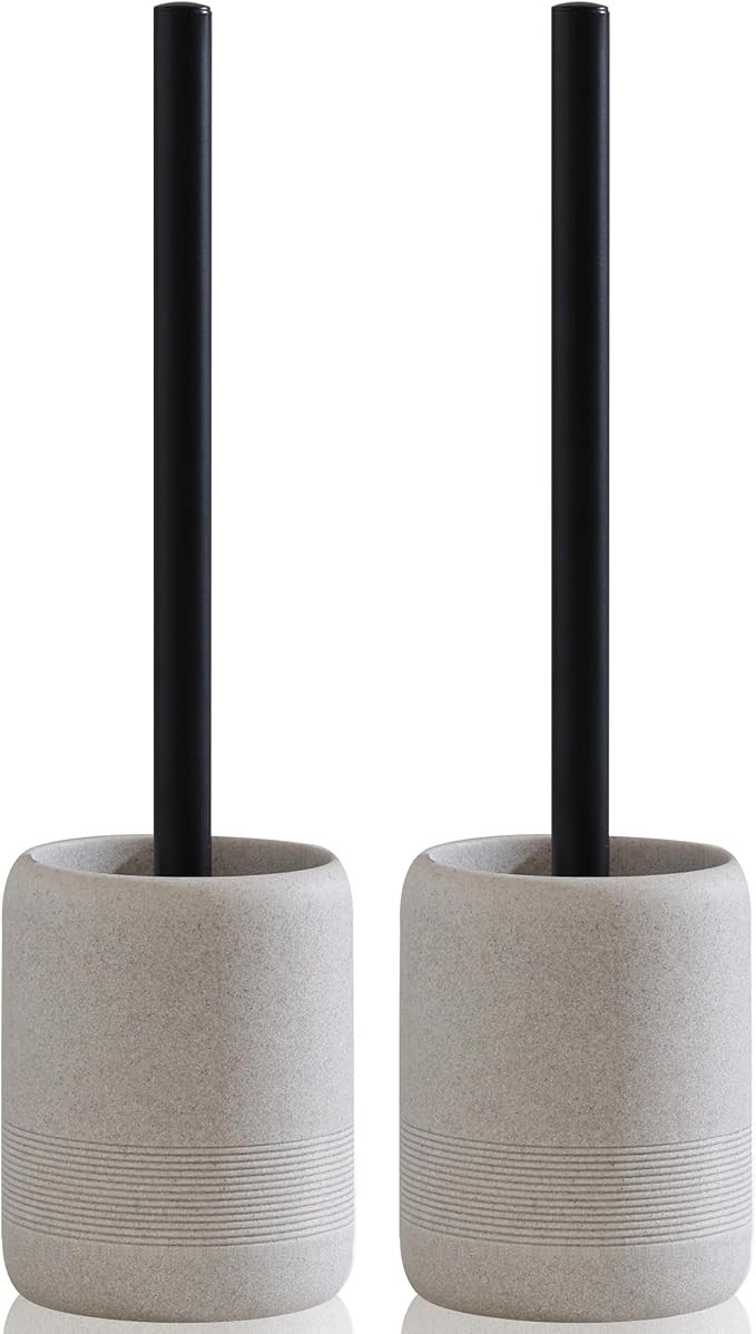 Haocoott Toilet Brush and Holder Set, 2 PCS Decorative Toilet Bowl Brush and Holder Set Bathroom Aceessories Toilet Scrubber Brush Set with Heavy-Weight Resin Base with Long Handle (Beige)