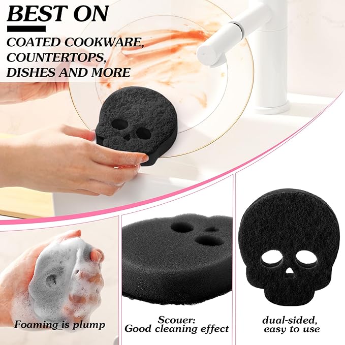 Tioncy 12 Pack Halloween Sponges Bulk Scrubber Black Skull Sponges Dual Sided Dishwashing Non Scratch Skull Kitchen Accessories Dish Scouring