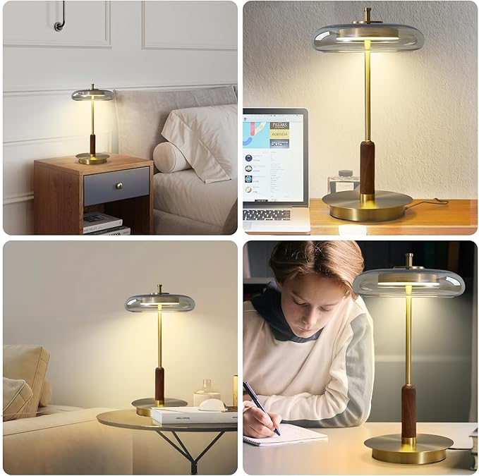 Small Table Lamp for Bedroom-Brass Base Mushroom Table Lamps,Amber Glass Shade,LED Three Color Temperature Adjustable Brightness Modern LED Side Table and Desk Lighting(H 15.4 in)