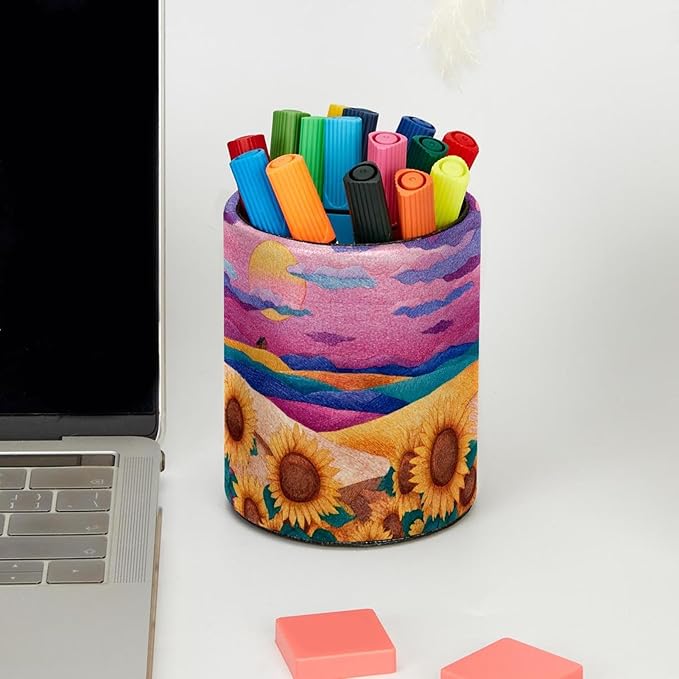 1 Pack Watercolor Art Sunflower Circular Pen & Pencil Holder - Durable PU Leather Pencil Cup, Desk Accessories Organizer for Office Desk School Home