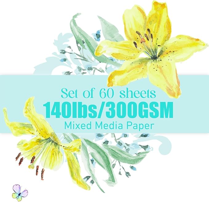 Mixed Media Paper 60 Sheets, 9 X 12 Inches 140 LB/300 GSM Heavyweight Cotton Paper Smooth/Medium Rough Texture Art Paper for Watercolor, Gouache, Marker, Painting, Drawing, Sketching
