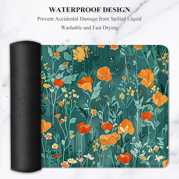 Auhoahsil Desk Mat, Ultra Large Mouse Pad, XXL Gaming Mousepad, Pretty Desk Pad, Big Extended Full Size Desktop Desk Matt for Keyboard, Laptop & Computer, 35.5 x 15.7 in, Green Flowers