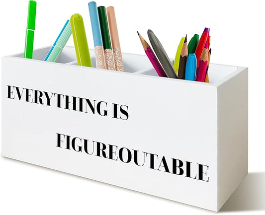 Everything is Figureoutable Inspirational Pen Holder for Desk, Motivational Gifts for Coworkers Women Men, Positive Quote Wooden Pen Pencil Holder Organizer for Office Desk Accessories