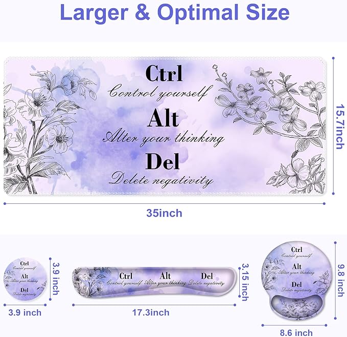 Mouse Pad, 4 in1 Large Desk Mat, Desk Pad Matt for Desktop, Anti-Slip XXL Big Computer Ergonomic Mousepad with Wrist Support for Keyboard and Mouse for Women I Purple Positive Quotes