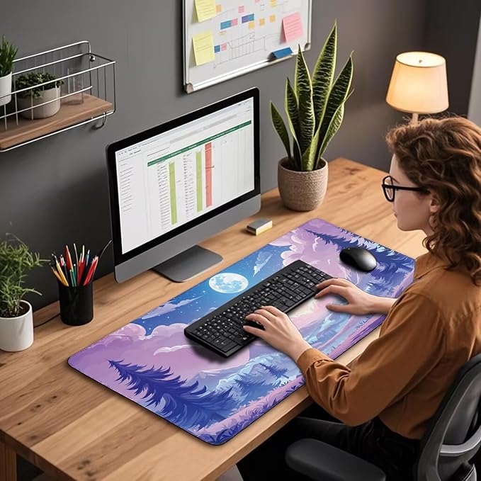 Mountain Moonlight Large Gaming Mouse Pad 31.5"x15.7"｜XXL Desk Mat, Non-Slip Rubber Base & Stitched Edges - Extended Waterproof Mousepad for PC/Laptop/Office/Home Decor