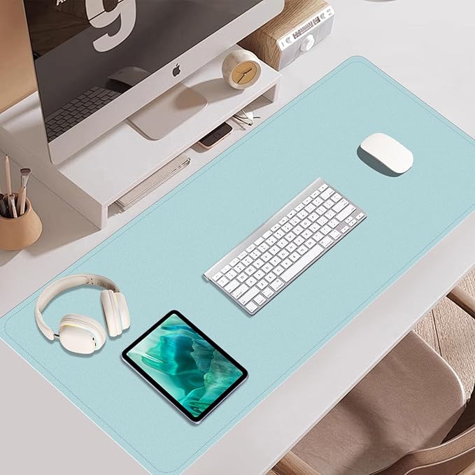 Large Desk Pad Mat - 47.2" x 17", Office Desk Mat - Non-Slip PU Leather & Cork Desk Blotter for Keyboard and Mouse - Light Blue