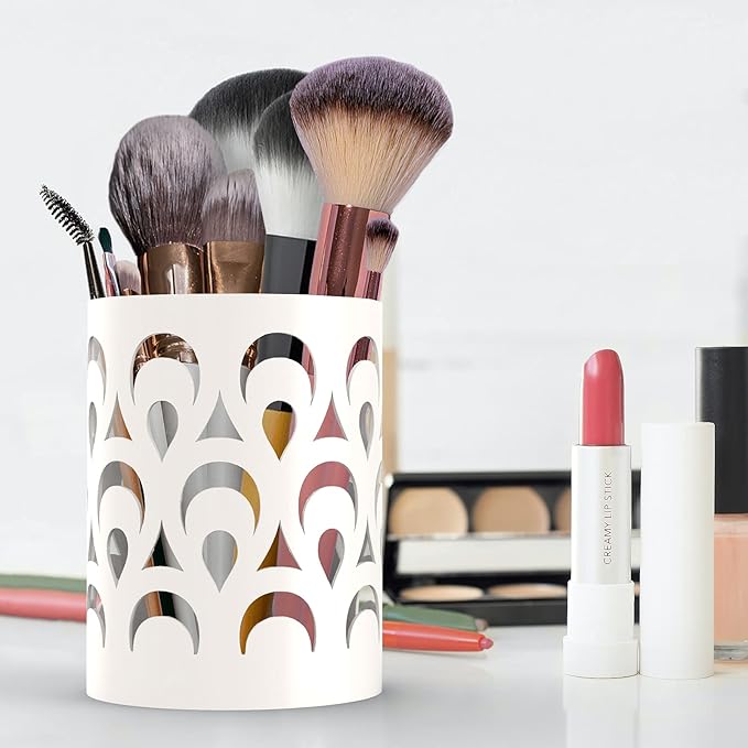 Mango Steam Metal Pen Holder, Makeup Brush Cup Organizer for Office, Bathroom, Vanity (White, Peacock)