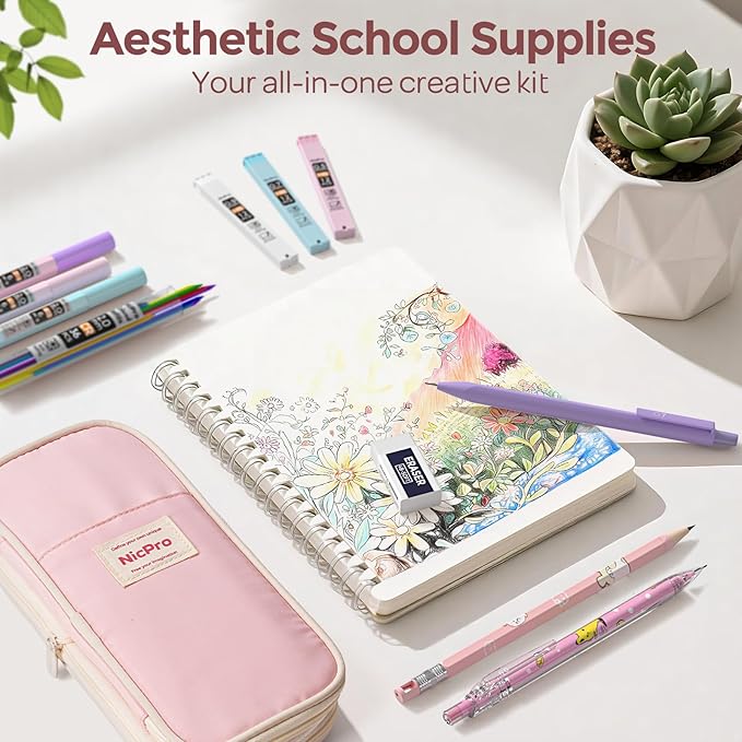 Nicpro 45PCS Aesthetic School Supplies with Pencil Case, Mechanical Pencil Set 0.5, 0.7, 0.9, 2mm with 462 PCS Lead Refills, Back to School Supplies For Writing Drawing, Ideal Stationary Set for Girls