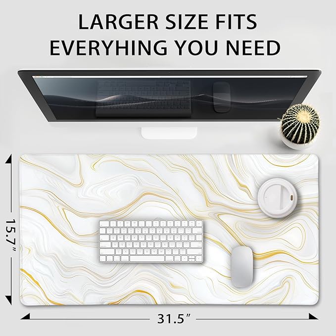 Marble Pattern Large Gaming Mouse Pad 31.5"x15.7"｜ Gold Topographic XXL Desk Mat, Non-Slip Rubber Base & Stitched Edges - Extended Waterproof Mousepad for PC/Laptop/Office/Home Decor
