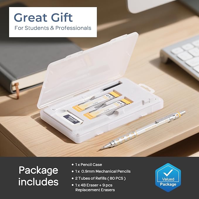 Nicpro Blocky Gear 0.9 mm Mechanical Pencils Set in Case, Metal Pencil with 0.9mm HB Lead Refills, Eraser for Professional & Adult Art Writing Drafting Drawing