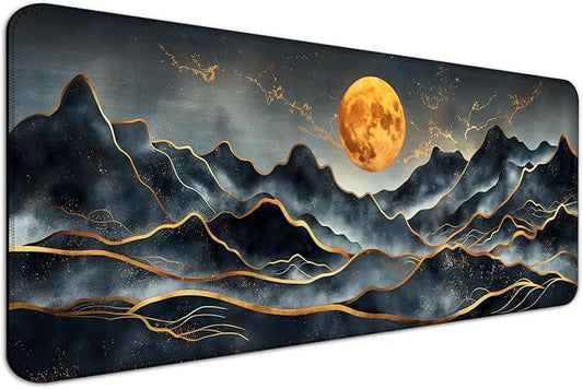 Gold Mountain and Moon Gaming Mouse Pad, Extended Large Abstract Minimalist Desk Mat, Computer Keyboard Laptop Mousepad for Work, Office and Home, XL, Black